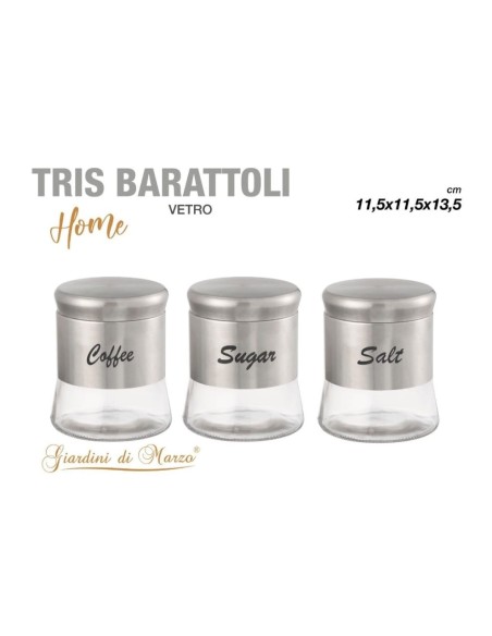 Tris barattoli argento vetro zucchero, caffè, sale