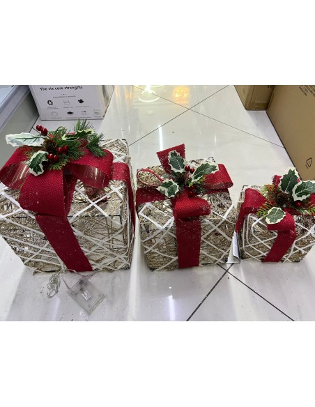 Set 3 pacchi regali natalizi luci led tris rosso