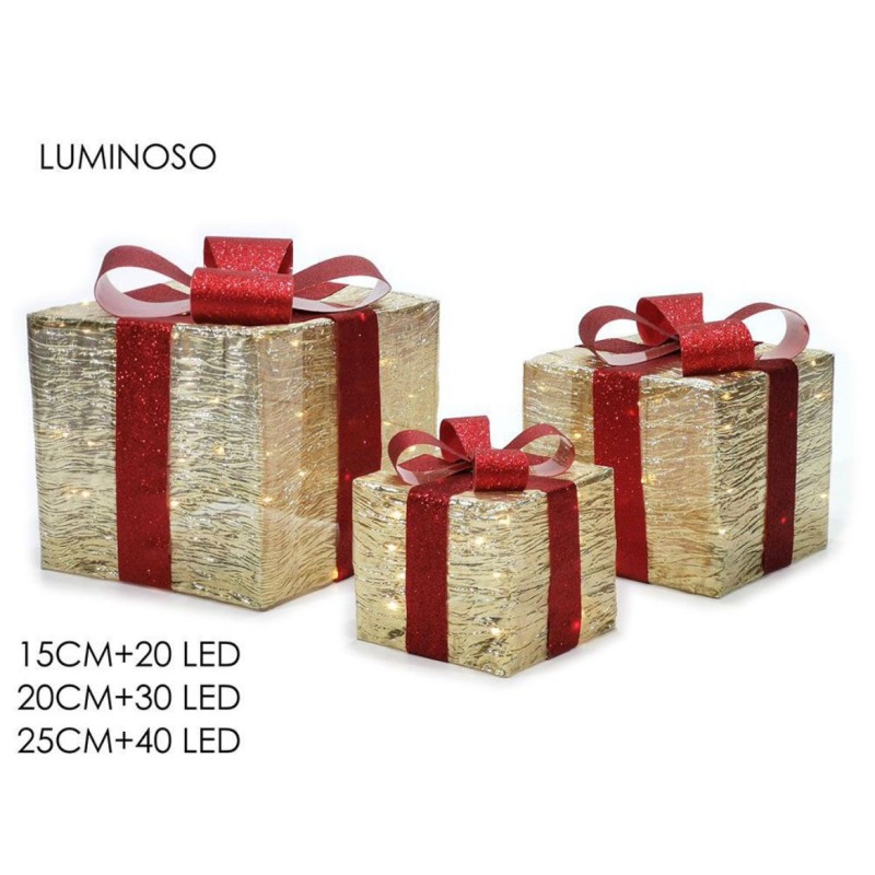 Set 3 pacchi regali natalizi luci led tris oro...