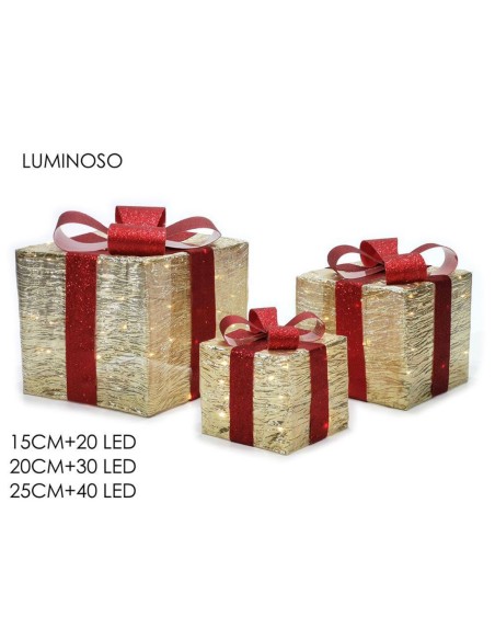 Set 3 pacchi regali natalizi luci led tris oro rosso