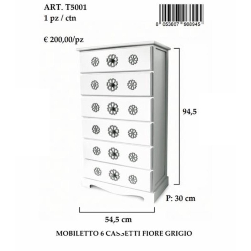 Mobiletto 6 cassetti fiori grigio