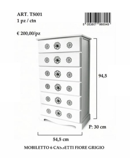Mobiletto 6 cassetti fiori grigio