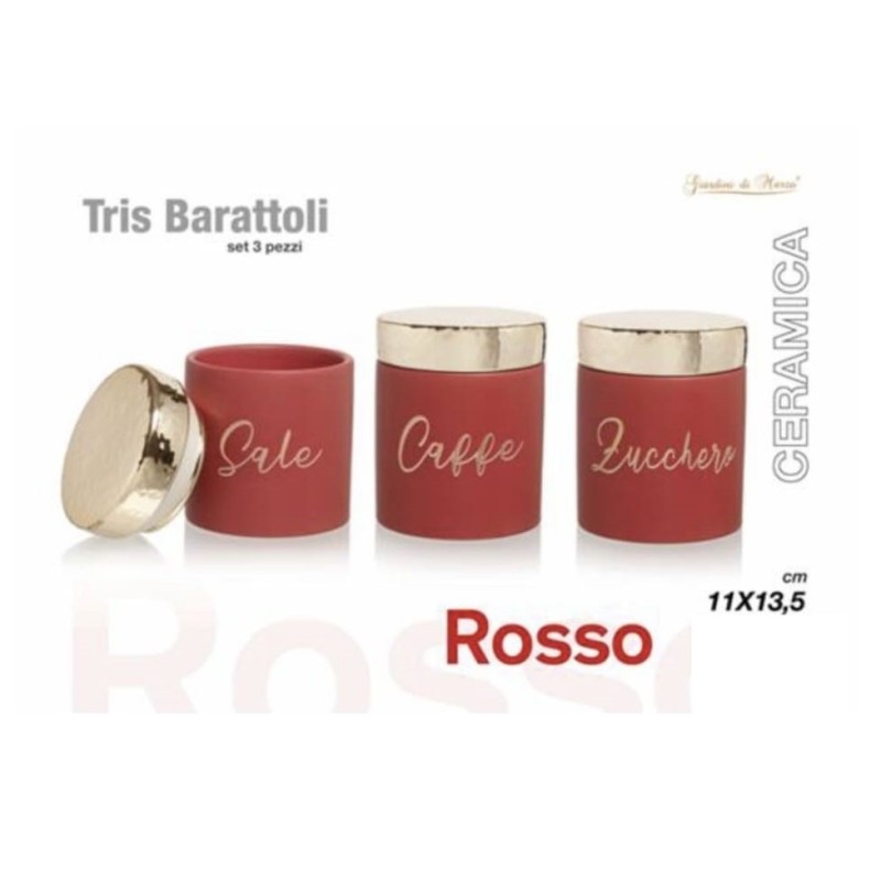 Tris barattoli rosso zucchero, caffè, sale