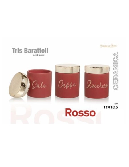 Tris barattoli rosso zucchero, caffè, sale