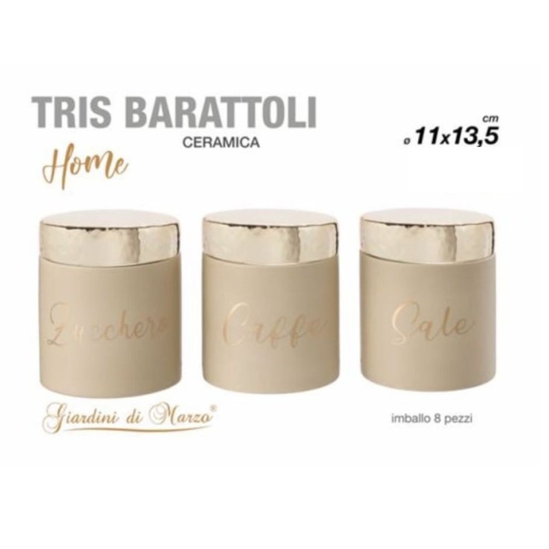 Tris barattoli oro e oro zucchero, caffè, sale