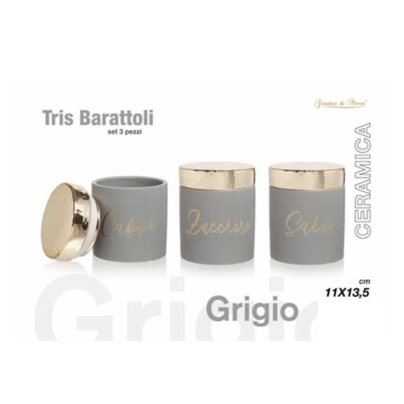 Tris barattoli grigio e oro zucchero, caffè, sale