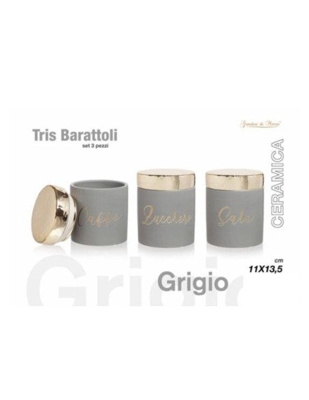 Tris barattoli grigio e oro zucchero, caffè, sale