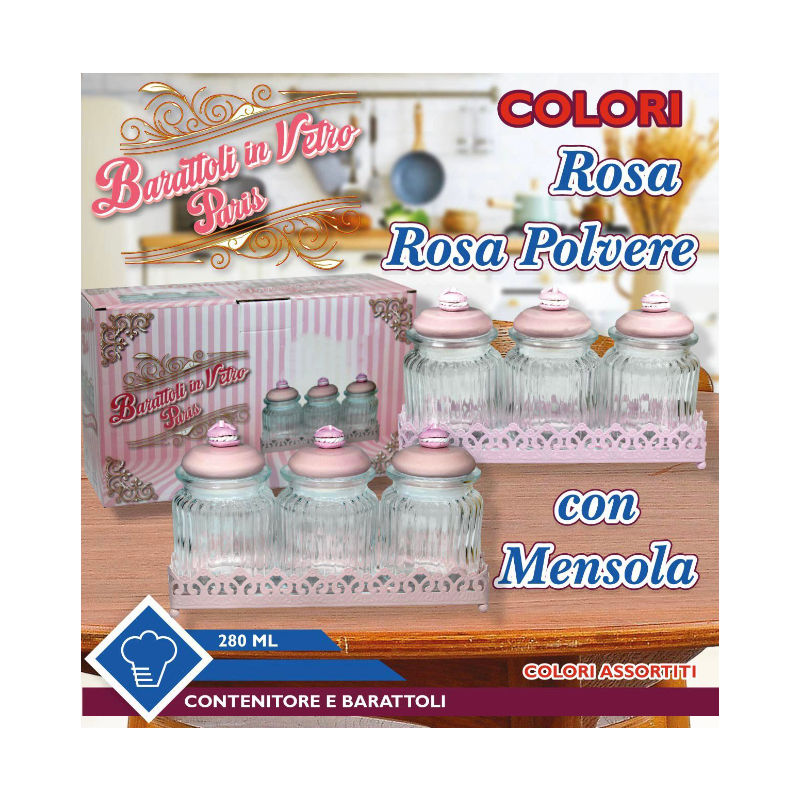Barattoli in Vetro Paris Rosa Polvere con Mensola