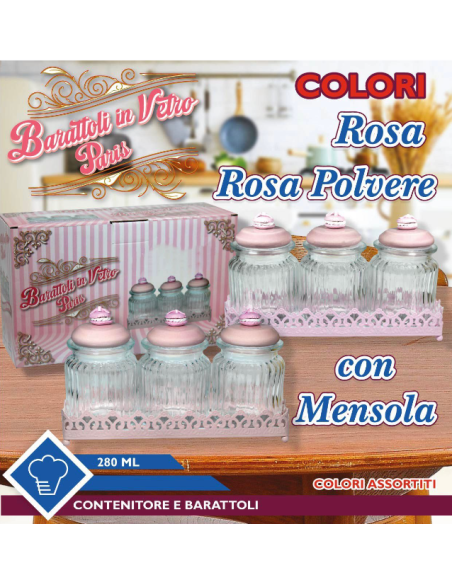 Barattoli in Vetro Paris Rosa Polvere con Mensola