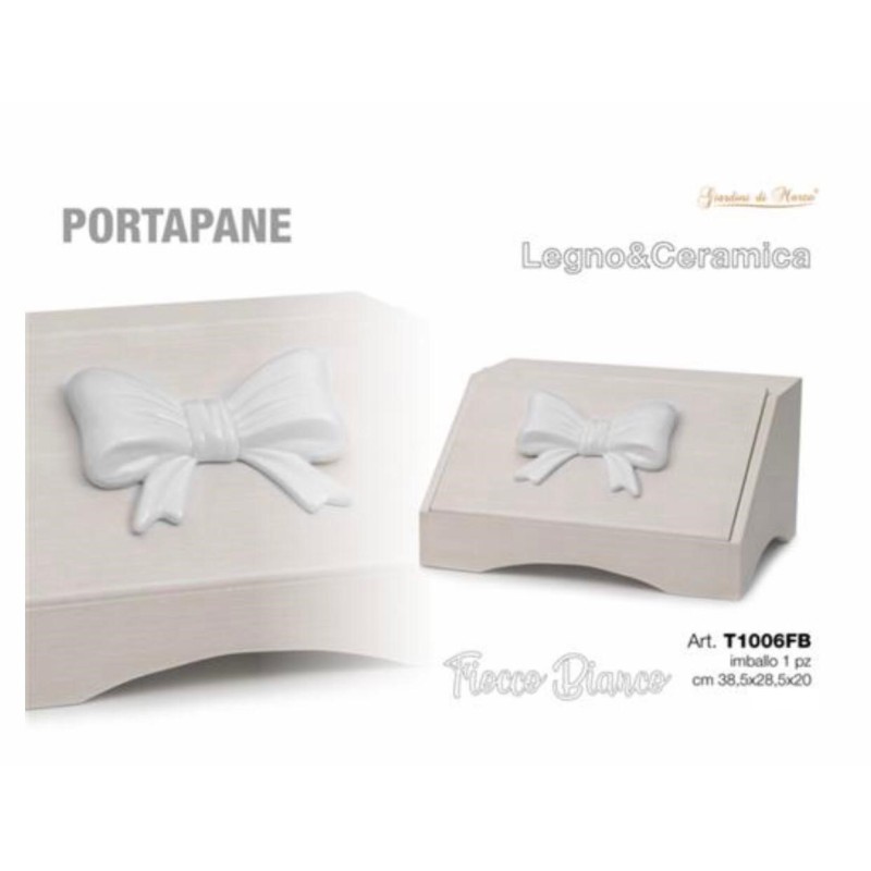Portapane con Fiocco Bianco legno e ceramica