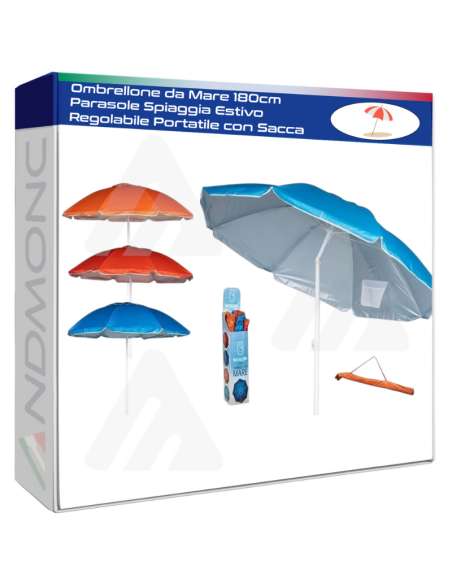 Ombrellone da Mare 180cm Parasole Spiaggia Estivo Regolabile Portatile con Sacca
