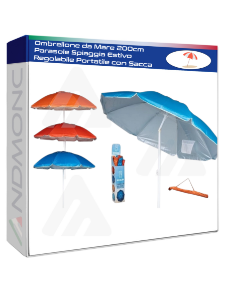 Ombrellone da Mare 200cm Parasole Spiaggia Estivo Regolabile Portatile con Sacca