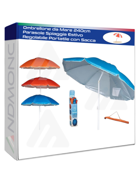 Ombrellone da Mare 240cm Parasole Spiaggia Estivo Regolabile Portatile con Sacca