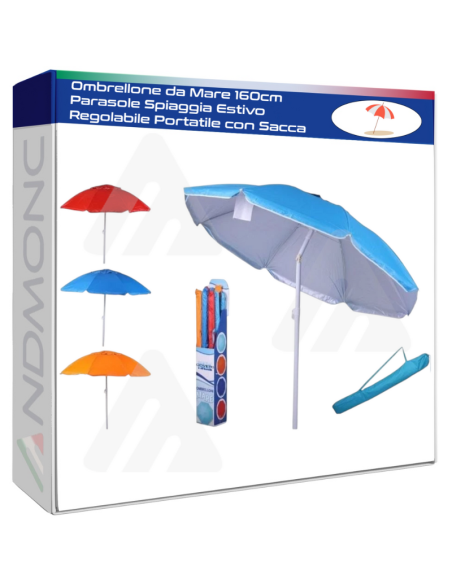 Ombrellone da Mare 160cm Parasole Spiaggia Estivo Regolabile Portatile con Sacca