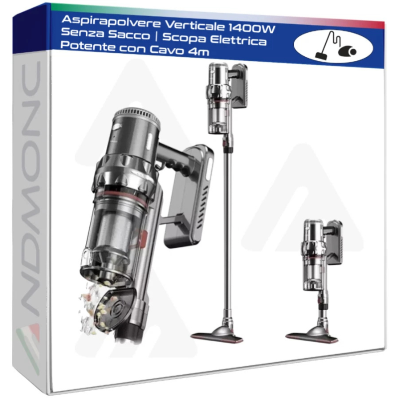 Aspirapolvere Verticale 1400W Senza Sacco | Scopa Elettrica Potente con Cavo 4m