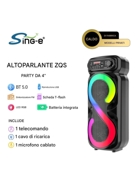 Cassa Bluetooth ZQS Party 4" con Microfono – Speaker LED RGB, USB, FM, SD, Batte
