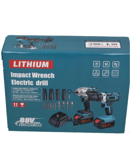 Avvitatore Impulsi + Trapano 88V 2 Batterie Litio Kit Completo con Accessori