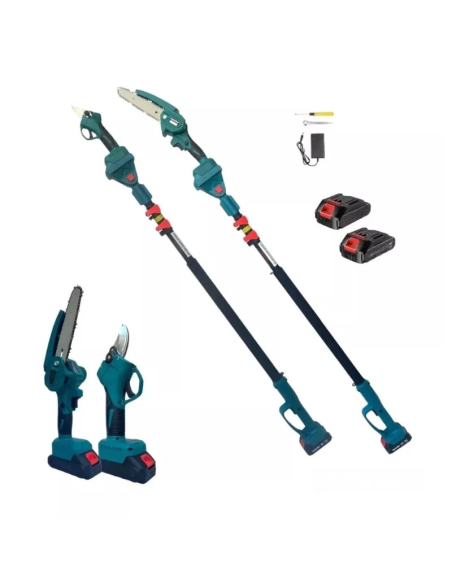 Kit Potatura Motosega 6" + Forbice Elettrica 2 Batterie Asta Telescopica Pro