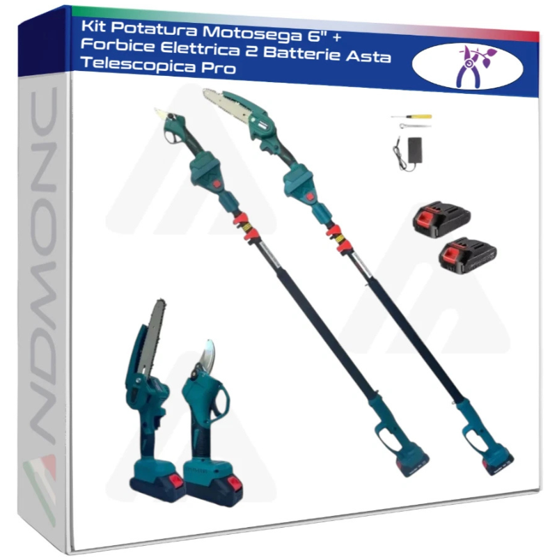Kit Potatura Motosega 6" + Forbice Elettrica 2 Batterie Asta Telescopica Pro