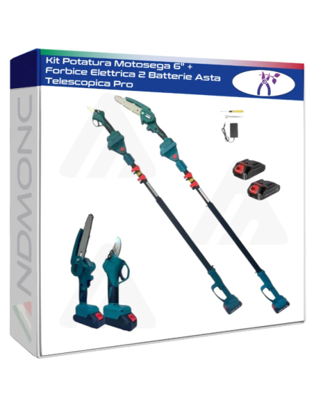 Kit Potatura Motosega 6" + Forbice Elettrica 2 Batterie Asta Telescopica Pro