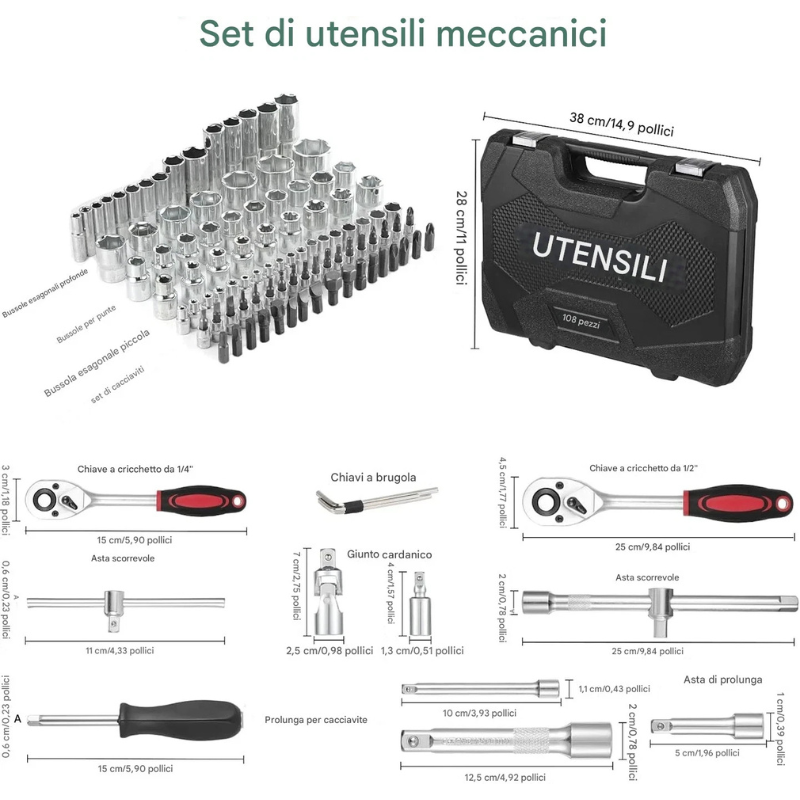 Set Bussole 108 Pezzi con Cricchetto Rapido,...