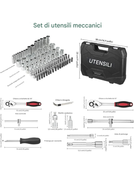 Set Bussole 108 Pezzi con Cricchetto Rapido, Chiavi a Bussola Metriche Cr-V, Att