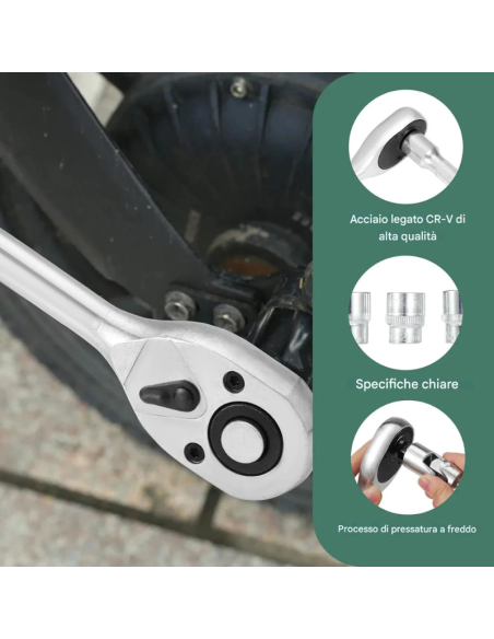 Set Bussole 108 Pezzi con Cricchetto Rapido, Chiavi a Bussola Metriche Cr-V, Att