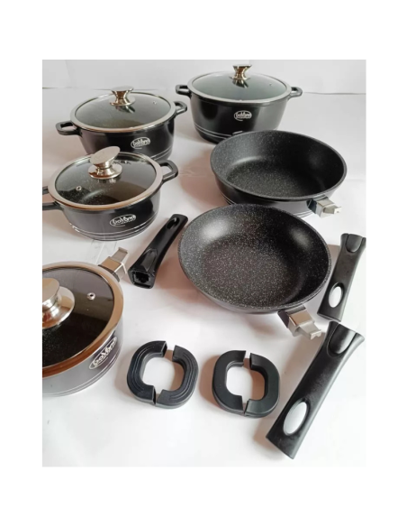 Batteria di pentole Bavaria 14 pezzi in pietra lavica biologica con manici, 3 Colori