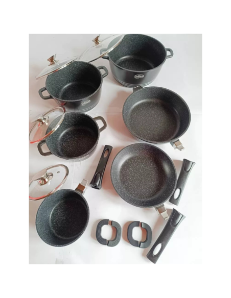 Batteria di pentole Bavaria 14 pezzi in pietra lavica biologica con manici, 3 Colori