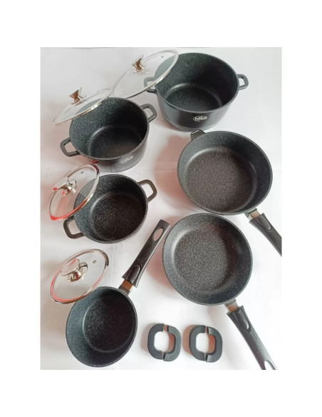 Batteria di pentole Bavaria 14 pezzi in pietra lavica biologica con manici, 3 Colori