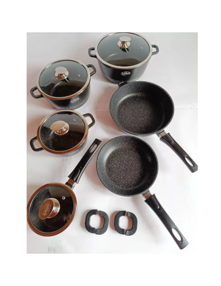 Batteria di pentole Bavaria 14 pezzi in pietra lavica biologica con manici, 3 Colori