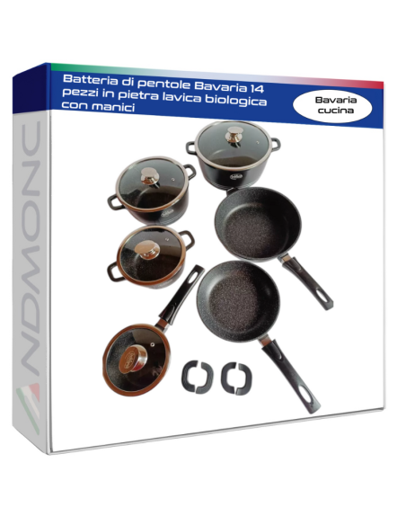 Batteria di pentole Bavaria 14 pezzi in pietra lavica biologica con manici, 3 Colori