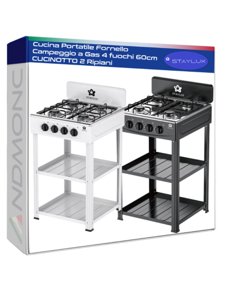 Cucina Portatile a Gas 4 Fuochi da Campeggio con 2 Ripiani – 60 cm , 2 Colori