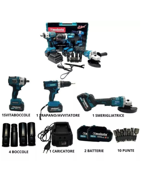 Kit 3 in 1 Trapano Avvitatore + Avvitatore a Impulsi + Smerigliatrice a Batteria