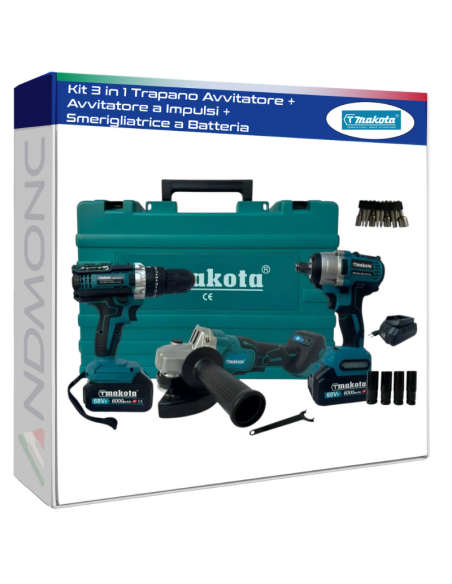 Kit 3 in 1 Trapano Avvitatore + Avvitatore a Impulsi + Smerigliatrice a Batteria