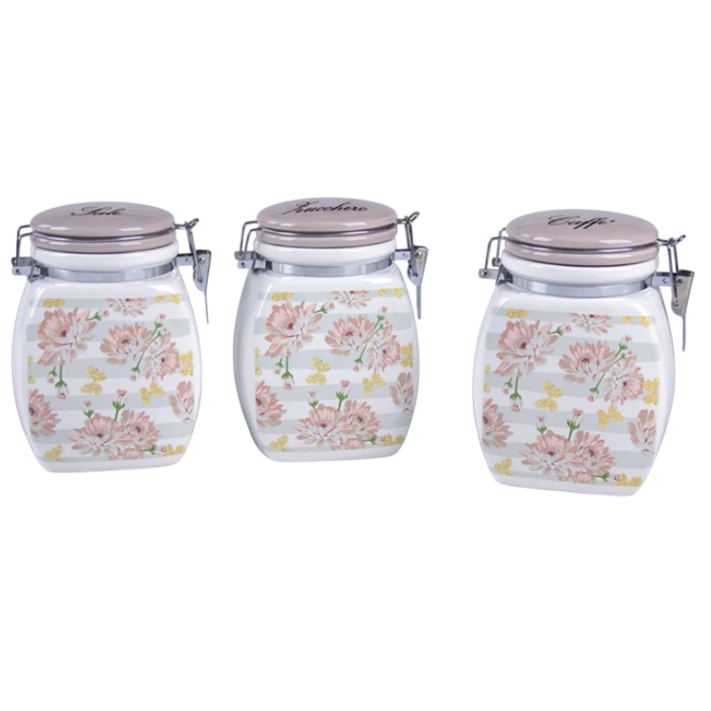 Linea peonias barattoli ermetici in ceramica 3 pezzi caffè, zucchero, sale