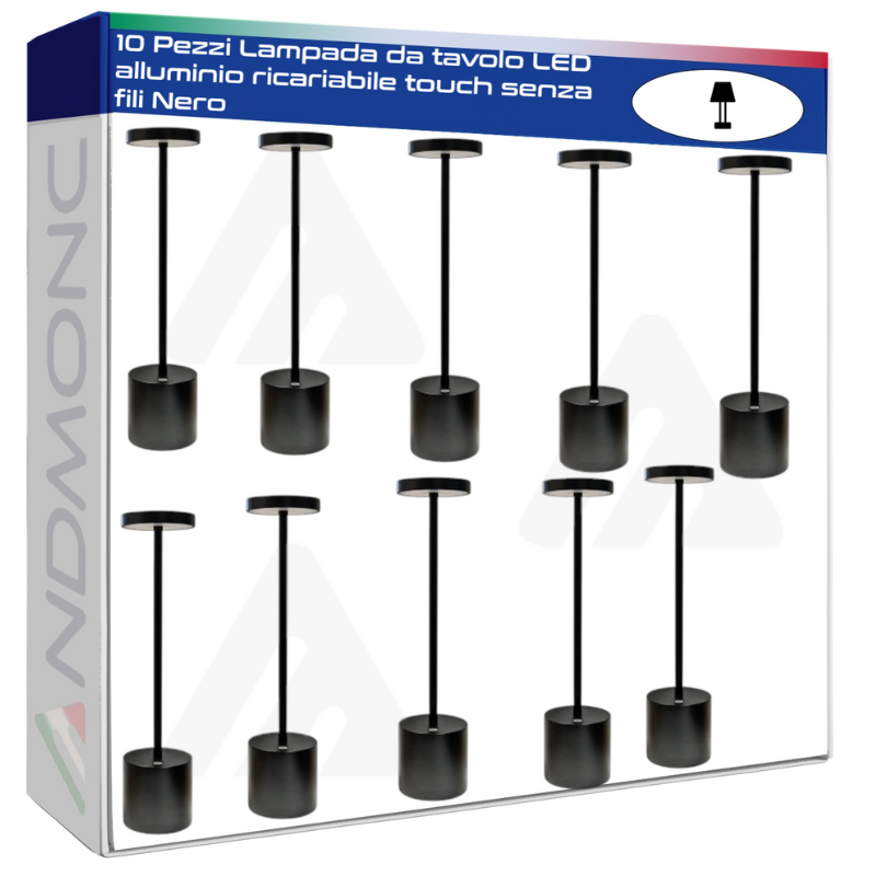 10 Pezzi Lampada da tavolo LED alluminio ricariabile touch senza fili Nero