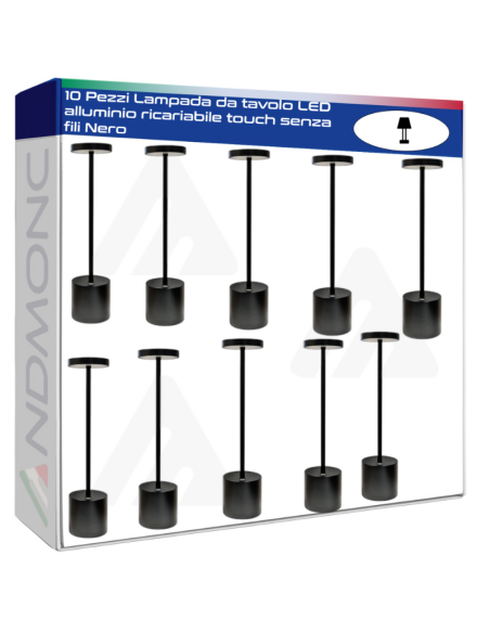 10 Pezzi Lampada da tavolo LED alluminio ricariabile touch senza fili Nero