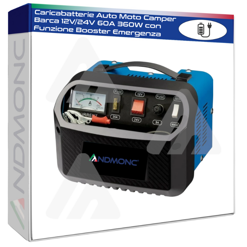 Caricabatterie Auto Moto Camper Barca 12V-24V 60A 360W con Funzione Booster Emergenza