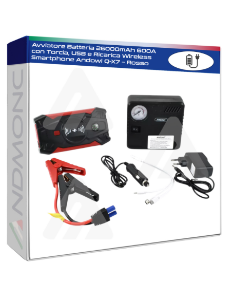 Avviatore Batteria 26000mAh 600A con Torcia, USB e Ricarica Wireless Smartphone Andowl Q-X7 – Rosso