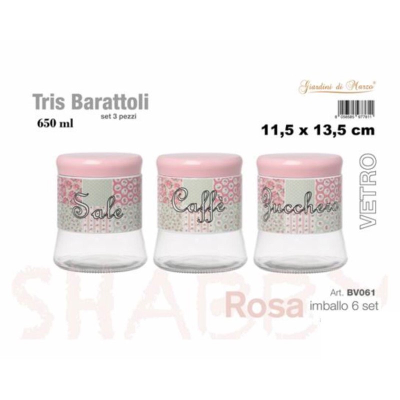 Tris Barattoli Vetro Rosa 650ml Shabby