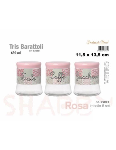 Tris Barattoli Vetro Rosa 650ml Shabby