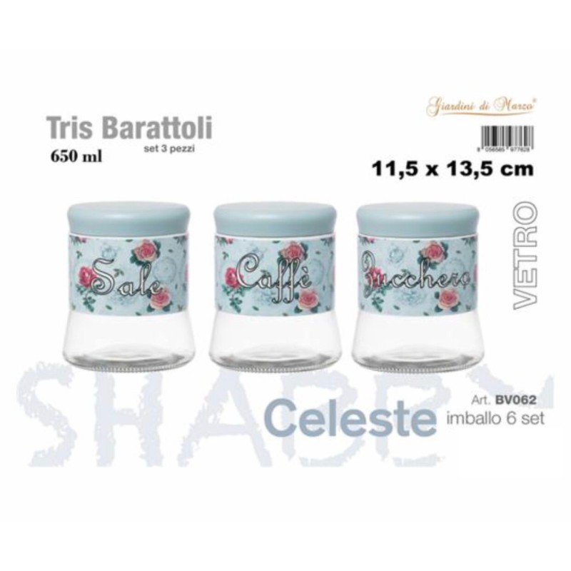 Tris Barattoli Vetro Celeste 650ml Shabby