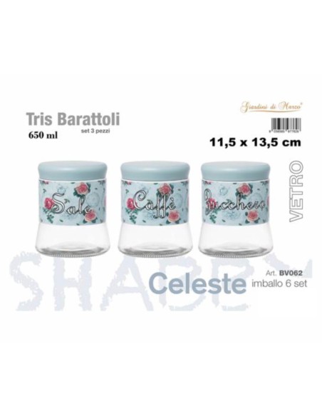 Tris Barattoli Vetro Celeste 650ml Shabby