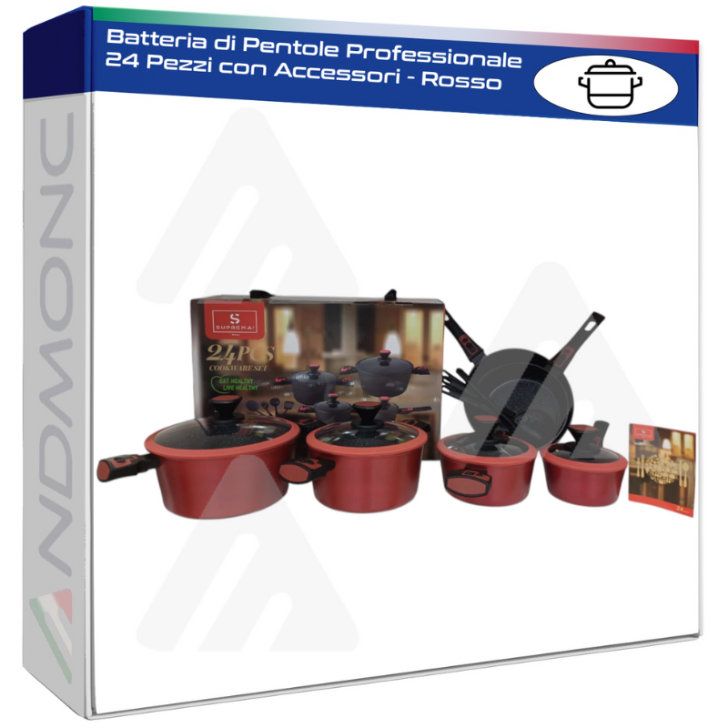 Batteria di Pentole Professionale 24 Pezzi con Accessori - Rosso