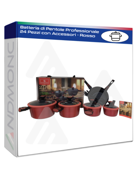 Batteria di Pentole Professionale 24 Pezzi con Accessori - Rosso