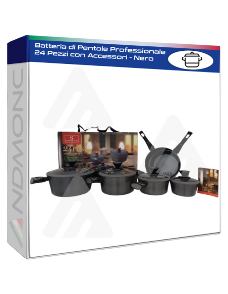 Batteria di Pentole Professionale 24 Pezzi con Accessori - Nero