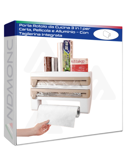 Porta Rotolo da Cucina 3 in 1 per Carta, Pellicola e Alluminio – Con Taglierina Integrata