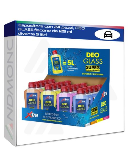 Espositore con 24 pezzi, DEO GLASS,flacone da 125 ml diventa 5 litri