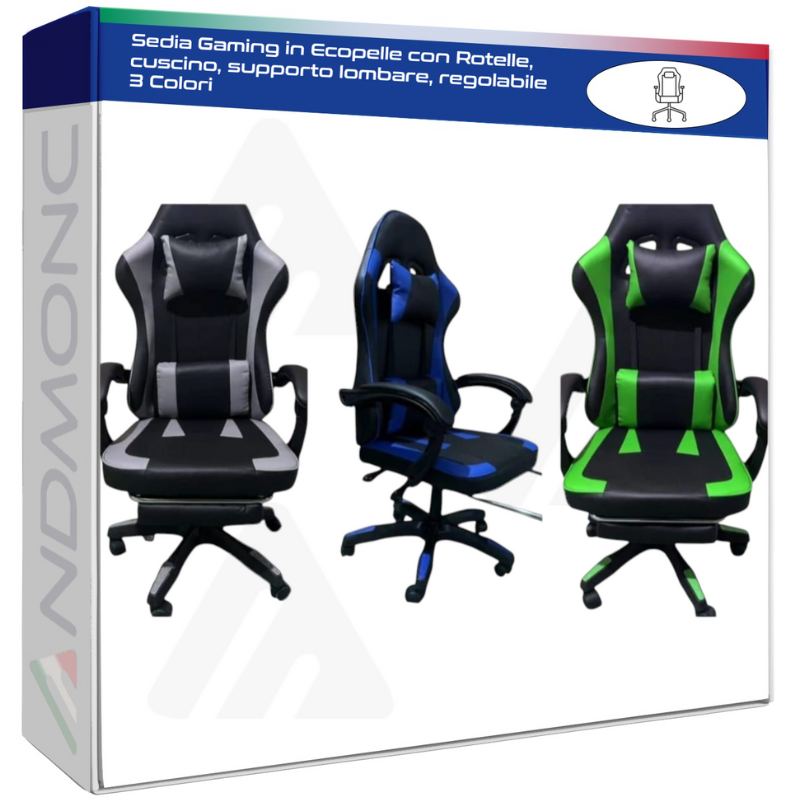 Sedia Gaming in Ecopelle con Rotelle, cuscino,...